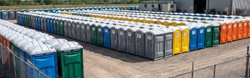 Rows of portable restrooms lined up across a fenced rental yard, with a service building and a delivery trailer behind them